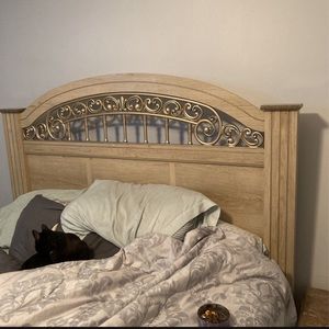 Queen bed frame, 2 end tables , 1 long dresser with mirror